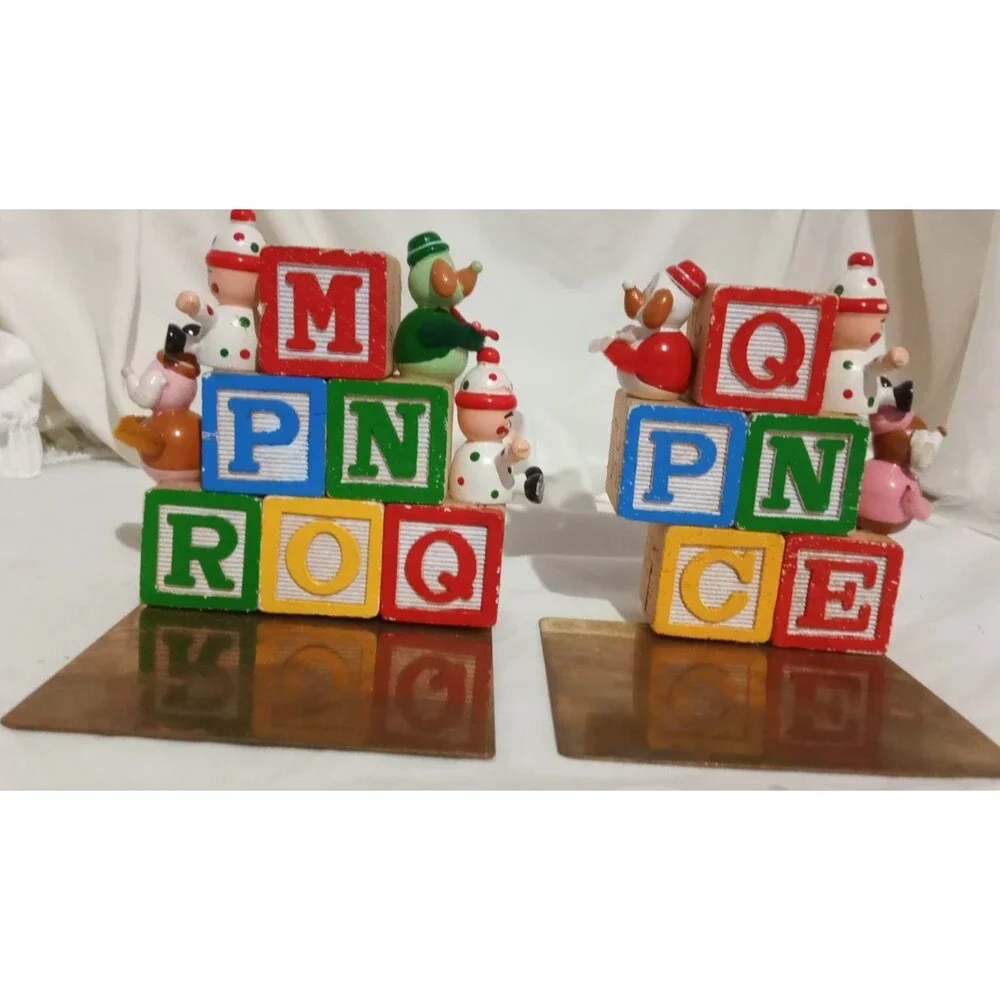 Vintage ABC Wood Block 1970's  Bookends Brass Base Wood Blocks Clown Dogs